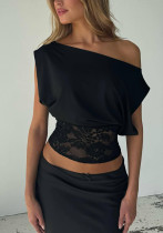 Women Sexy Lace Patchwork Slash Shoulder Short Sleeve Top Women Sexy Lace Patchwork Slash Shoulder Short Sleeve Top