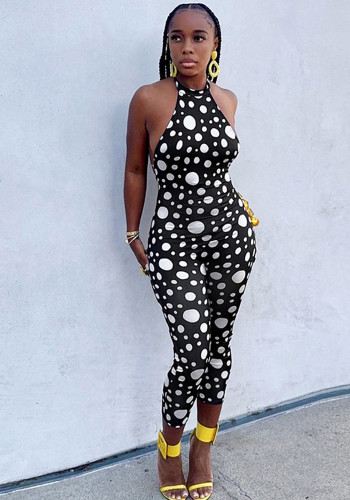 Women Spring & Summer Polka Dot Print Halter Neck Lace-Up Backless Jumpsuit