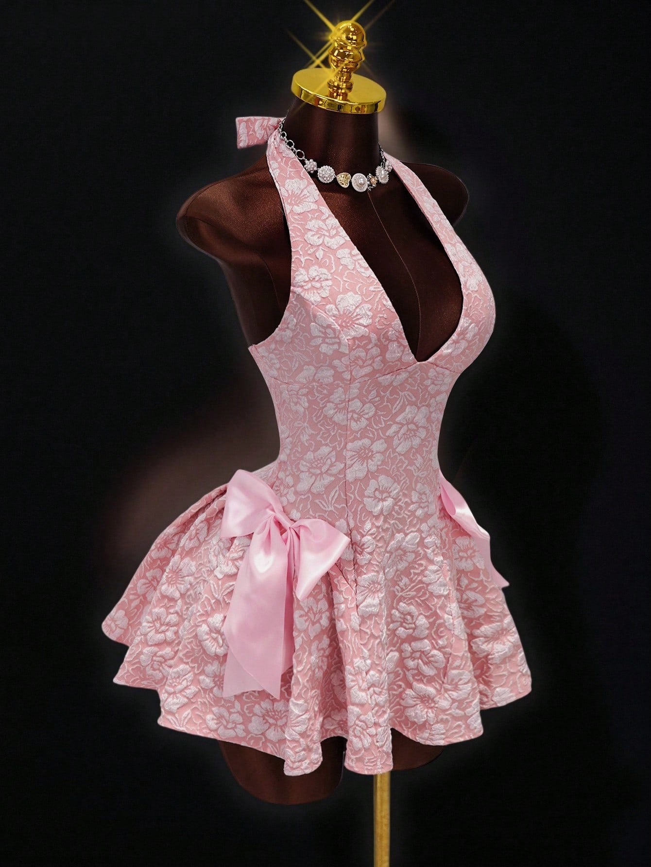 Jacquard V-Neck Sleeveless Halter Dress for Evening Events