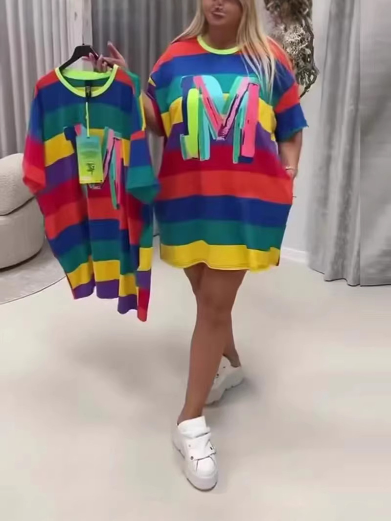 Rainbow Striped Short-Sleeve T-Shirt Dress for Summer
