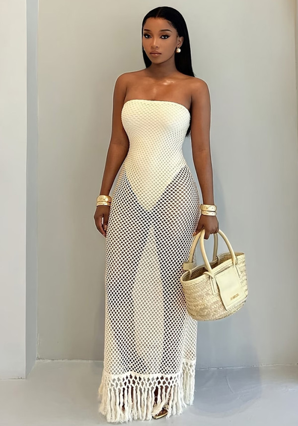 Women Summer Holiday Strapless Hollow Out Sexy Knitting Dress Two Piece Set