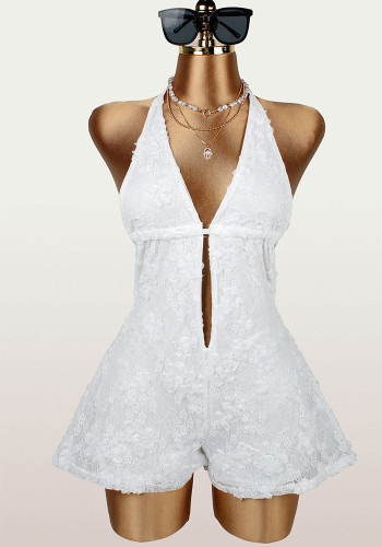 Women Floral Sexy Halter Neck Backless Lace-Up Jumpsuit