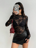 Women Sexy Lace See-Through Hollow Out Long Sleeve Top