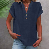 Women Summer Stand Collar Button Down Short Sleeve Shirt
