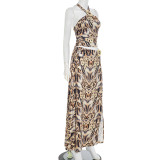 Women Printed Halter Neck Lace-Up Strapless Top & Slit Skirt Two Piece Set