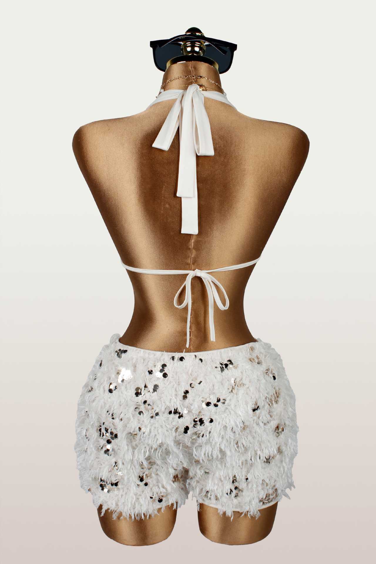 Fuzzy Halter Neck Backless Jumpsuit for Evening Wear