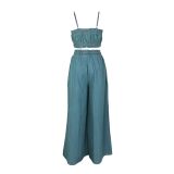 Women Strapless Top & Denim Wide Leg Pants Two Piece Set