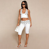 Women Patchwork Polka Dot Print Halter Neck Camisole & Ruched Waist Capri Pants Two Piece Set