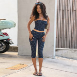 Women Polka Dot Print Strapless Top & Capri Pants Two Piece Set