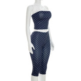 Women Polka Dot Print Strapless Top & Capri Pants Two Piece Set