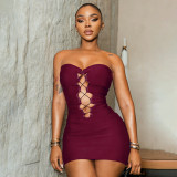 Women Summer Sexy Strapless Lace-Up Sleeveless Mini Dress