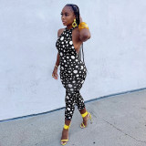 Women Spring & Summer Polka Dot Print Halter Neck Lace-Up Backless Jumpsuit