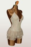 Women Sexy Stretchy Lace-Up Backless Lace Trim Patchwork Jumpsuit