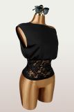 Women Sexy Lace Patchwork Slash Shoulder Short Sleeve Top