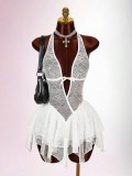 Women Sexy Lace See-Through Mesh Patchwork Halter Neck Backless Jumpsuit
