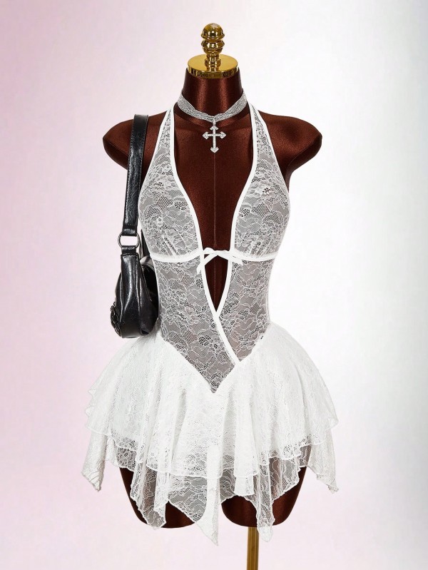 Women Sexy Lace See-Through Mesh Patchwork Halter Neck Backless Jumpsuit