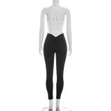 Women V Neck Halter Neck Tie Jumpsuit