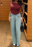 Women Spring & Summer Washed Beaded & Rhinestone Denim Pants