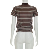 Women Spring & Summer Casual Striped Polo Neck T-Shirt Top