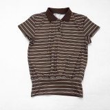 Women Spring & Summer Casual Striped Polo Neck T-Shirt Top