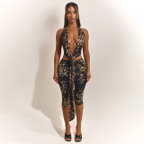 Women Summer Sexy Leopard Print Sleeveless Halter Neck Backless Top & Skirt Two Piece Set