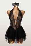Women Sexy Lace See-Through Mesh Patchwork Halter Neck Backless Jumpsuit