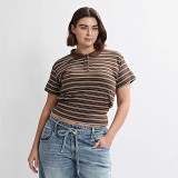 Women Spring & Summer Casual Striped Polo Neck T-Shirt Top
