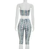 Women Summer Snakeskin Print Strapless Top & Capri Pants Two Piece Set
