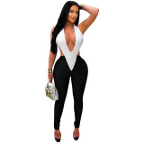 Women V Neck Halter Neck Tie Jumpsuit