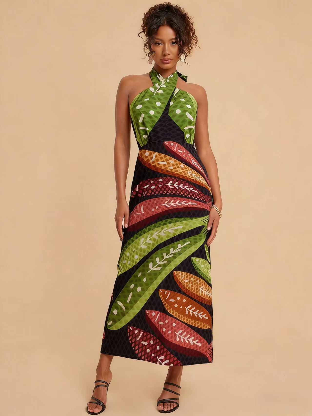 Printed Cross Backless Dress for Summer Beach Vacations