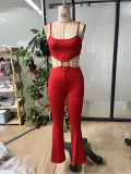 Women Spring & Summer Elegant Camisole Knitting Top & Hollow Out Bell Bottom Pants Two Piece Set