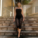 Women Strapless See-Through Lace Patchwork Capri Jumpsuit