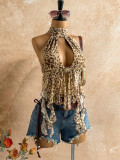 Women Leopard Print Sexy Halter Neck Lace-Up Irregular Backless Mesh Top