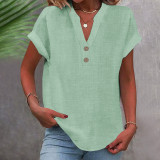 Women Summer Stand Collar Button Down Short Sleeve Shirt