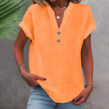 Women Summer Stand Collar Button Down Short Sleeve Shirt
