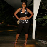 Women Patchwork Polka Dot Print Halter Neck Camisole & Ruched Waist Capri Pants Two Piece Set