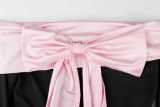 Women Color Block Bow Bell Sleeve Patchwork Off Shoulder Top & Skirt Two Piece Set