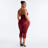 Women Strapless See-Through Lace Patchwork Capri Jumpsuit