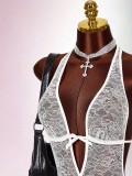Women Sexy Lace See-Through Mesh Patchwork Halter Neck Backless Jumpsuit