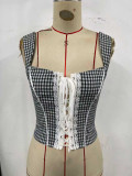 Women Spring Black & White Plaid Lace-Up Camisole Crop Top