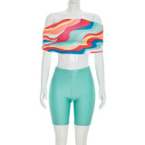 Women One Shoulder Print Crop Top & Shorts Two Piece Set