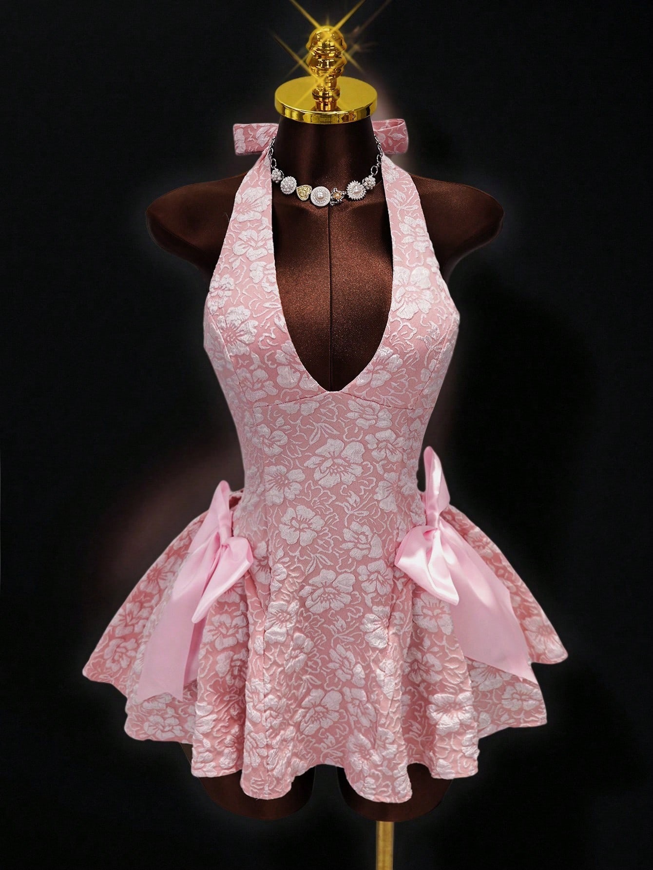 Jacquard V-Neck Sleeveless Halter Dress for Evening Events