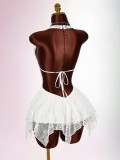 Women Sexy Lace See-Through Mesh Patchwork Halter Neck Backless Jumpsuit