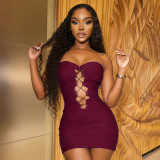 Women Summer Sexy Strapless Lace-Up Sleeveless Mini Dress