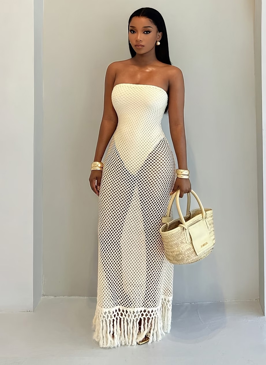 Strapless Hollow-Out Knitted Two-Piece Dress Set for Holidays