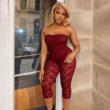 Women Strapless See-Through Lace Patchwork Capri Jumpsuit