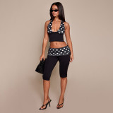 Women Patchwork Polka Dot Print Halter Neck Camisole & Ruched Waist Capri Pants Two Piece Set