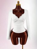 Women Stretchy V Necklace Patchwork Long Sleeve Top