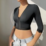 Women Yoga Body Shaping Lace 3/4 Sleeve Top