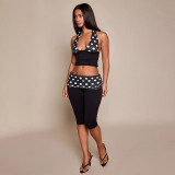 Women Patchwork Polka Dot Print Halter Neck Camisole & Ruched Waist Capri Pants Two Piece Set